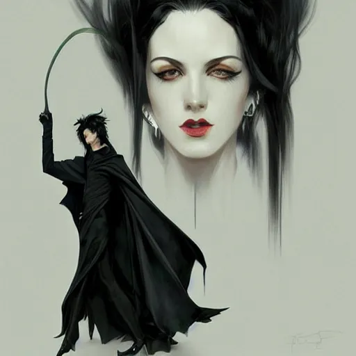 Prompt: goth tall thin man with wind swept floating black hair wearing a long flowing black cape , intricate, elegant, highly detailed, digital painting, artstation, concept art, smooth, sharp focus, illustration, art by artgerm and greg rutkowski and alphonse mucha and francisco goya