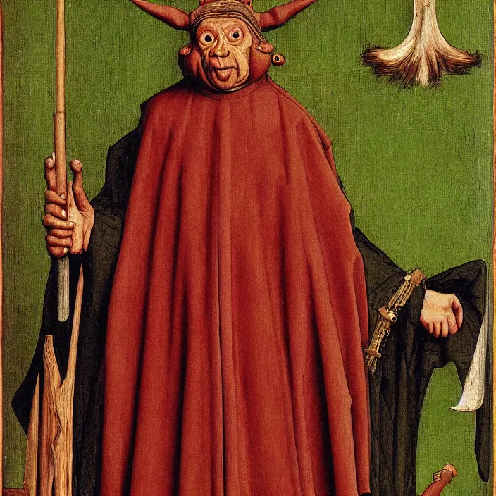 Image similar to a goblin monster priest, by Jan van Eyck