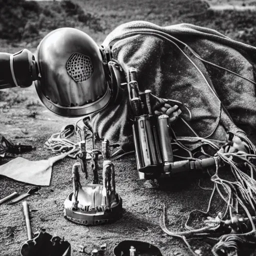 Image similar to wide angle photo of viking wearing space suit helmet and viking armor working on the antigravity gun ancient device, tools and junk on the ground,wires and lights, old village in the distance, vintage old photo, black and white, sepia