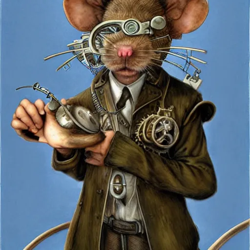 Image similar to a rat with steampunk googles, by john howe