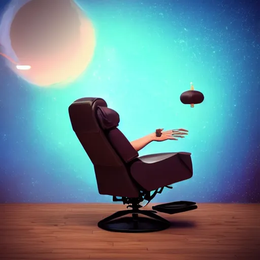 Image similar to recliner chair floating in space, acupuncture treatment, rendered in octane, 8 k, photorealistic person receiving acupuncture, galactic background, dreamy, dramatic lighting, universe scale