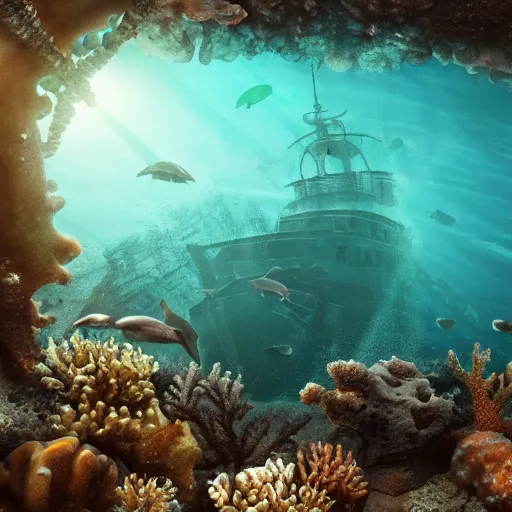 Prompt: underwater shipwreck surrounded by coral and dolphins, shallow depth of field, moody lighting, 8 k, concept art,