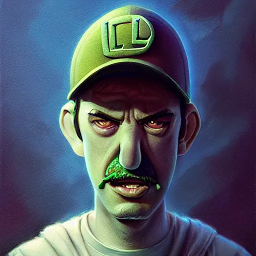 Image similar to hyper realistic, portrait of a mega derpy luigi by greg rutkowski, scott m fischer, artgerm, loish, slight glow, atmospheric, anne stokes, alexandros pyromallis