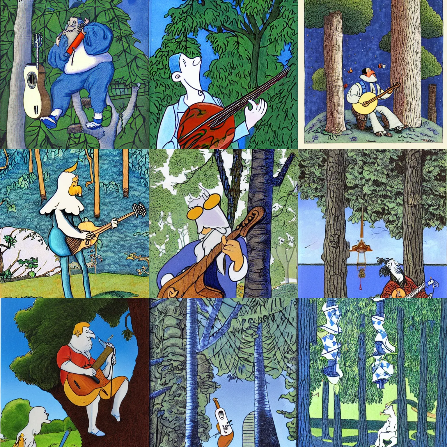 Prompt: blue + white baron in the trees with lute, artwork by gary larson