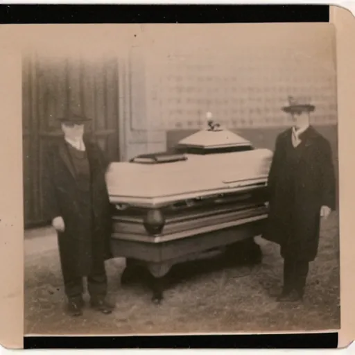 Image similar to cabinet card photo of an open casket funeral