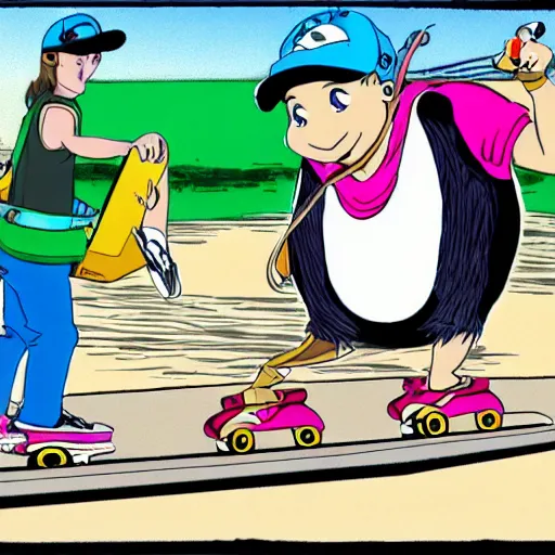 Image similar to a dodo wearing street clothes, a backwards ballcap and gold chain around its neck, on a hover board at a skate park at the beach, 1990s cartoon, anime style