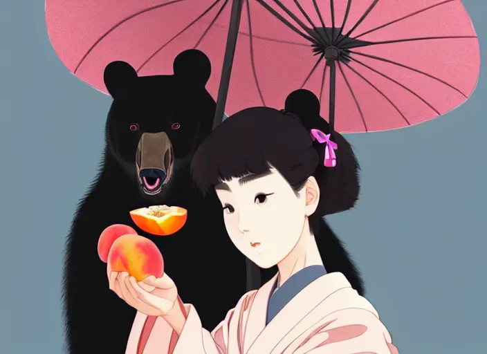 Prompt: digital painting of a girl wearing a kimono giving a peach to a large anthropomorphic asian black bear, featured in artstation, artgerm, octane render, award winning, cinematic, elegant, intricate, 8 k, close up, in the style of studio ghibli and heikala and alphonse mucha,