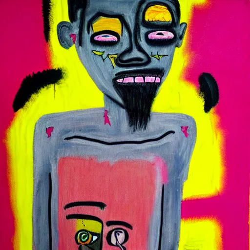 Prompt: pink and yellow detailed neo expressionism oil painting of sad boy rapper crying with tattoos by basquiat