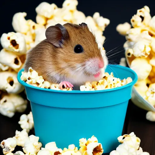 Prompt: photo of a hamster, swimming inside a bucket of popcorn, various poses, unedited, soft light, sharp focus, 8 k