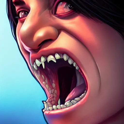 Prompt: wide open female mouth, close - up, defiant, light effect, 8 k, hyper detailed, intricate, elegant, highly detailed, digital painting, artstation, concept art, matte, sharp focus, illustration, by dan mumford, yusuke murata, makoto shinkai, ross tran