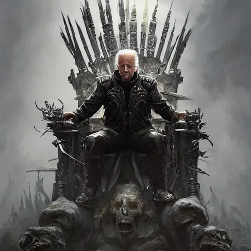 Image similar to joe biden atop a throne of skulls, fantasy, highly detailed, digital painting, artstation, cigarette, concept art, sharp focus, illustration, octane render, art by artgerm and greg rutkowski and magali villeneuve, dark color scheme