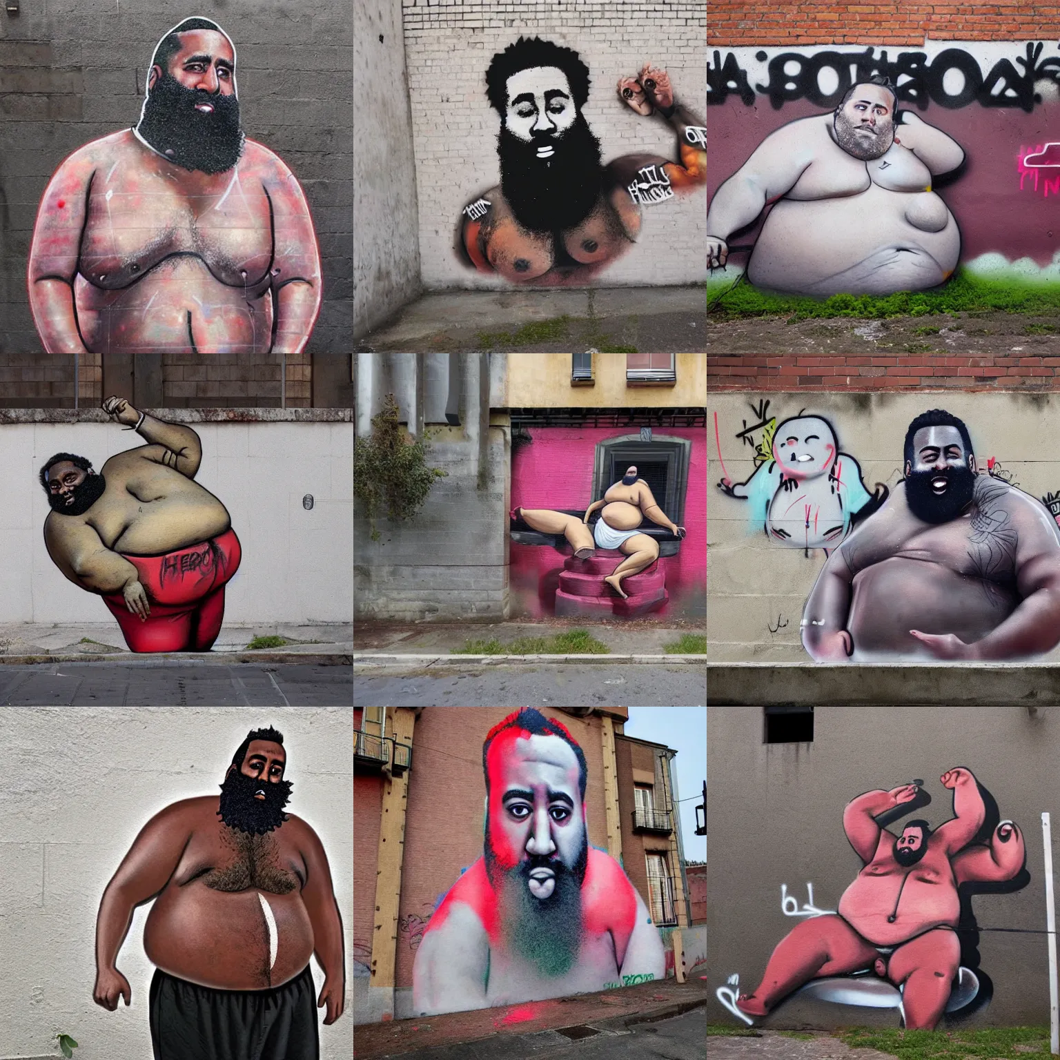 Prompt: Fat Obese James Harden shirtless out of shape, Urban Graffiti Banksy, Bordalo, trending on artstation