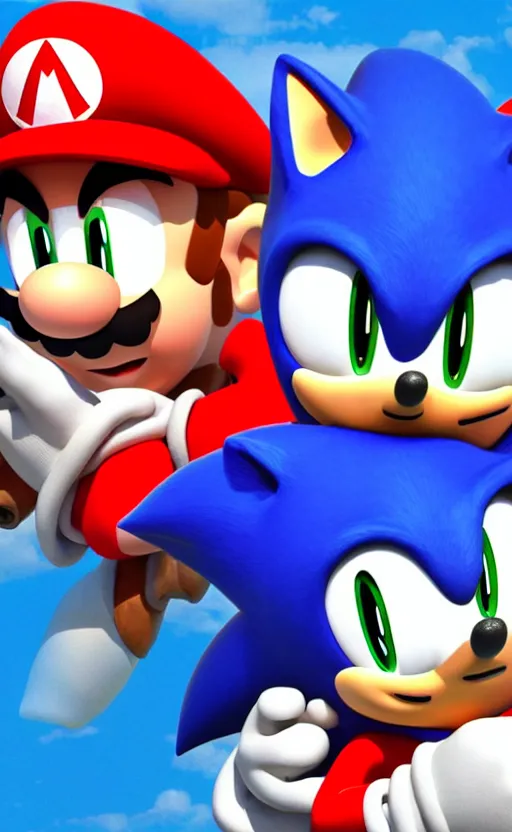 Image similar to a 3 d render of sonic hugging mario