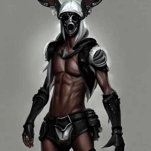 Image similar to a male teenager dark elf with hoofs wear googles, cyberpunk, artstation