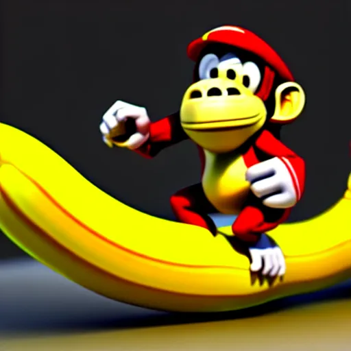 Image similar to Donkey Kong. A banana on the ground, Donkey Kong is standing on the banana. 3D render