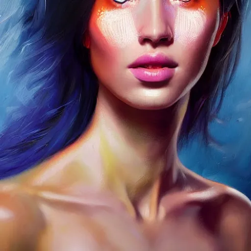 Prompt: hyperrealistic oil painting of electric woman, cute - fine - face, pretty face, oil slick hair, realistic shaded perfect face, extremely fine details, realistic shaded lighting, dynamic background, artgerm, 8 k ultra realistic, highly detailed, art by dominik mayer