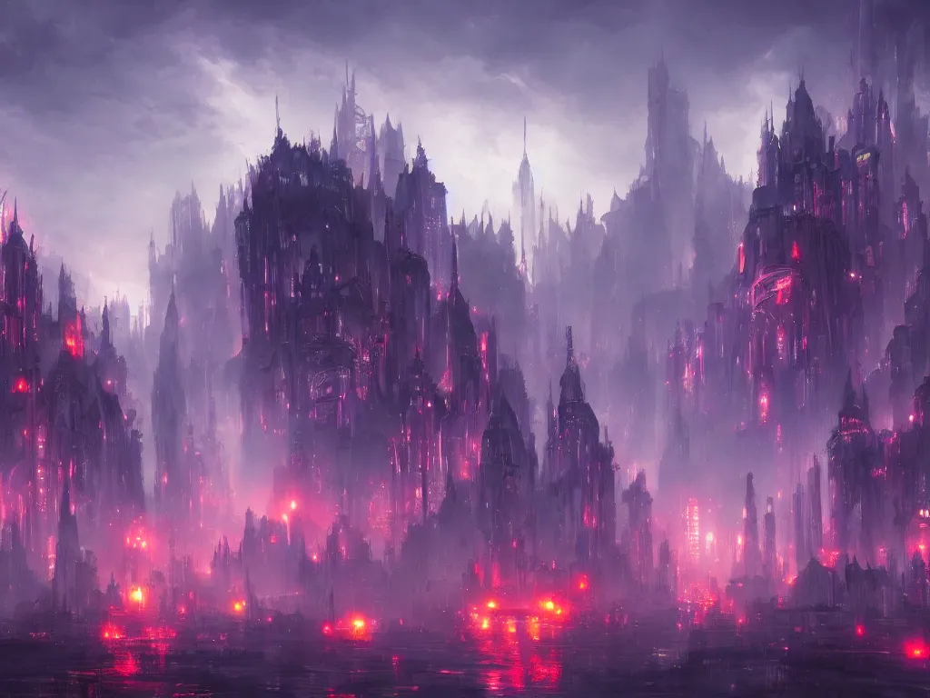 Prompt: an intimidating demon fantasy city with bright lights all in the city, painting, digital art by greg ruthowski and raphael lacoste and andreas rocha, trending on artstation, 8 k, wallpaper