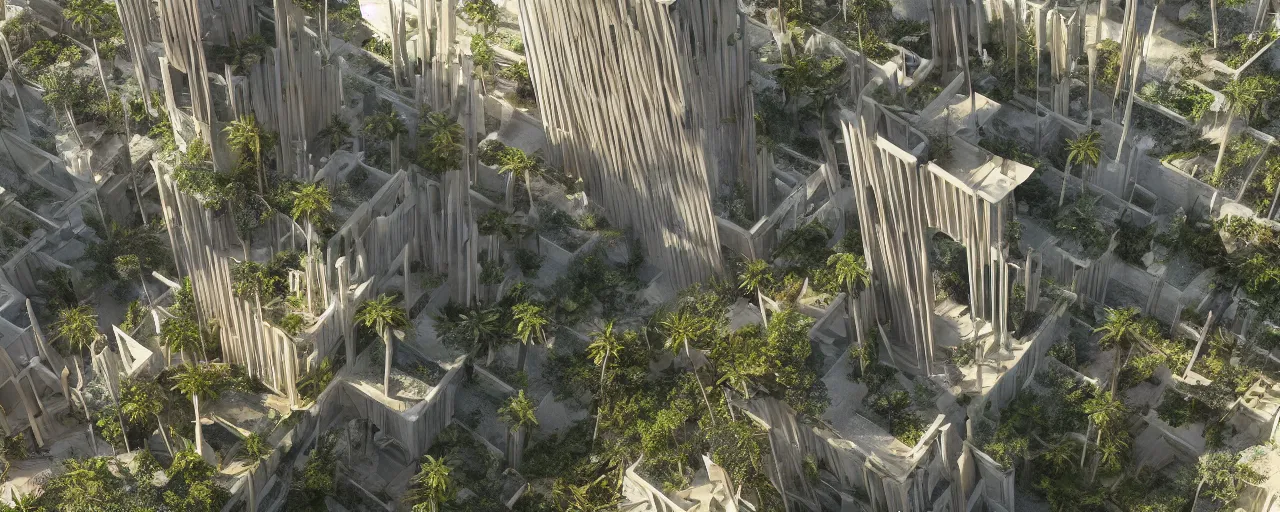 Image similar to contemporary golden babylon tower, sacred ancient architecture, hanging gardens, cascading highrise, arid mountains with lush palm forest, sunlight, post - production, octane, cgi, sfx