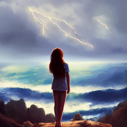 Image similar to A painting of a girl standing on a mountain looking out an approaching storm over the ocean, smooth, dramatic lighting, wind blowing, ocean mist, lightning, artstation