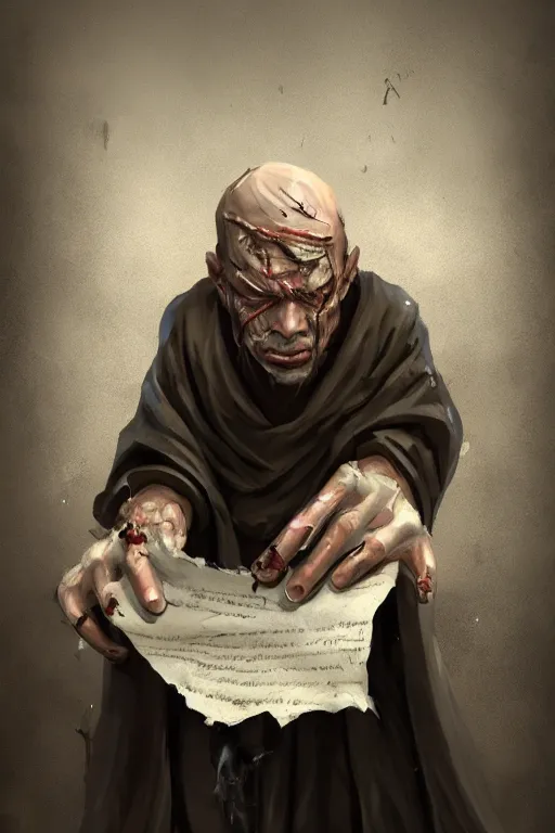Image similar to A deranged tiny filthy man wearing long dark damaged ripped robes showing a magic paper scroll, camera looking down upon, long fingernails, unclipped fingernails, sharp fingernails, focus on face, sharp focus, digital painting, trending on artstation, concept art, fantasy, medieval