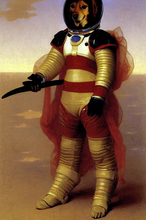 Image similar to portrait of a dog astronaut with chinese dragon armor and helmet, majestic, solemn, by bouguereau