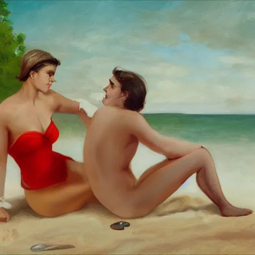 Prompt: Friedrich Nietzsche flirting with a girl at the beach, photorealistic, detailed and realistic faces, 8k,