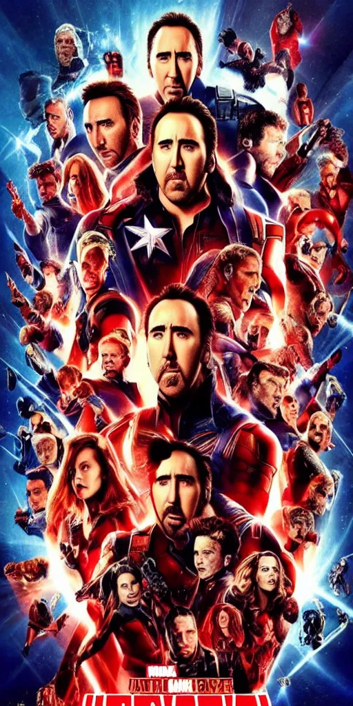 Prompt: a movie poster for a marvel movie but every face is nicolas cage