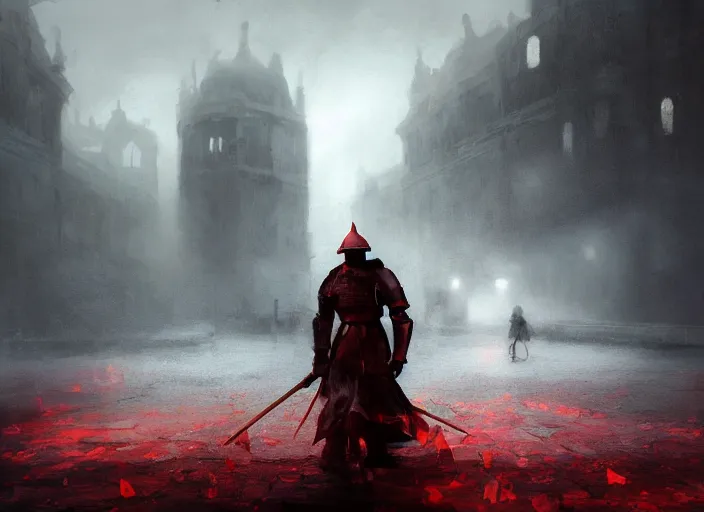 Prompt: empty world, knight with old red flag, ashes around, volumetric lighting, digital painting, highly detailed, artstation, sharp focus, illustration, concept art, ruan jia, steve mccurry, amazing composition, gothic arch frame