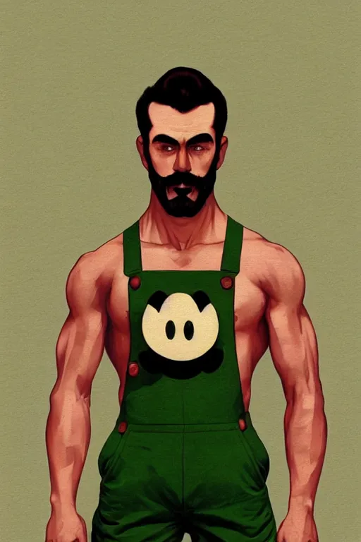 Image similar to gigachad luigi wearing a green shirt and overalls by ilya kuvshinov, bodybuilder ernest khalimov, super mario bros symmetrical face concept art, hyper realistic, intricate, elegent, highly detailed, digital painting, concept art, smooth, sharp, focus, illustration, art by artgerm and greg rutkowski and alphonse mucha, artstation