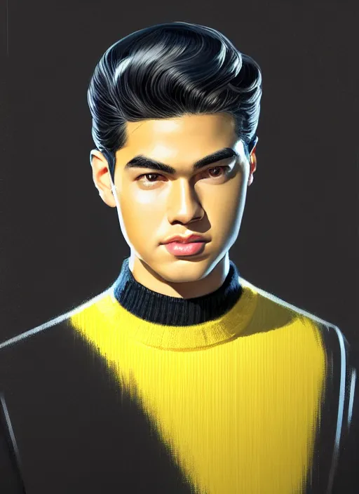 Image similar to portrait of young reggie mantle, mean smirk, egotistical, slicked back hair, striped yellow and black sweater, 1 9 5 0 s, intricate, elegant, glowing lights, highly detailed, digital painting, artstation, concept art, smooth, sharp focus, illustration, art by wlop, mars ravelo and greg rutkowski