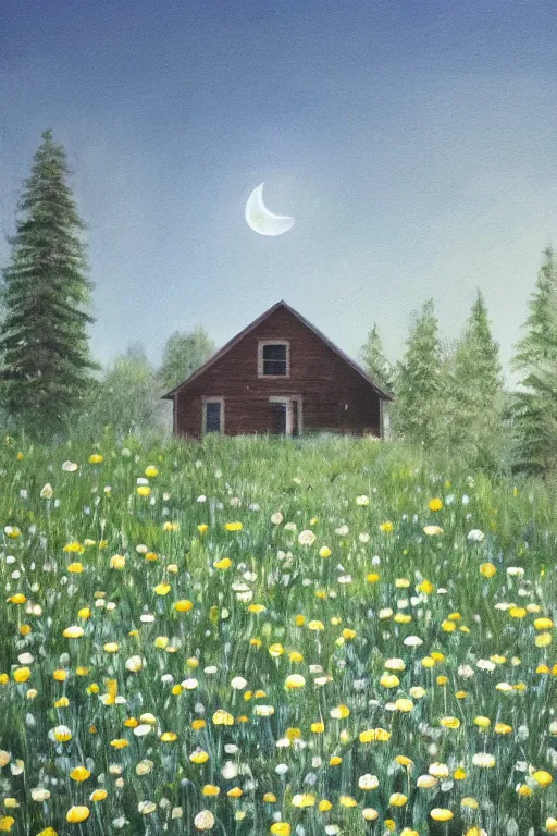 Image similar to night, the moon is shining, chamomile field, unfinished house, shadows from trees, hyper realism