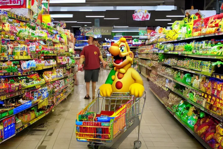 Prompt: of King Bowser shopping at the supermarket, documentary style photo, bright,