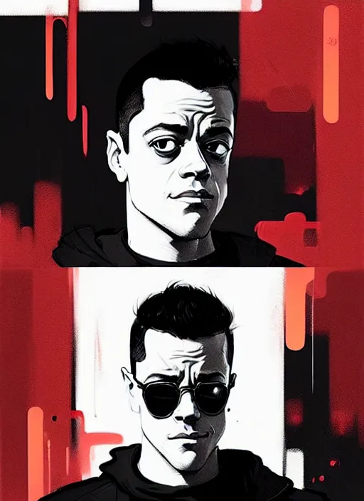 Image similar to highly detailed closeup portrait of rami malek, elliot alderson, black hoody by atey ghailan, by greg rutkowski, by greg tocchini, by james gilleard, by joe fenton, by kaethe butcher, gradient red, black and white color scheme, grunge aesthetic!!! ( ( graffiti tag wall background ) )