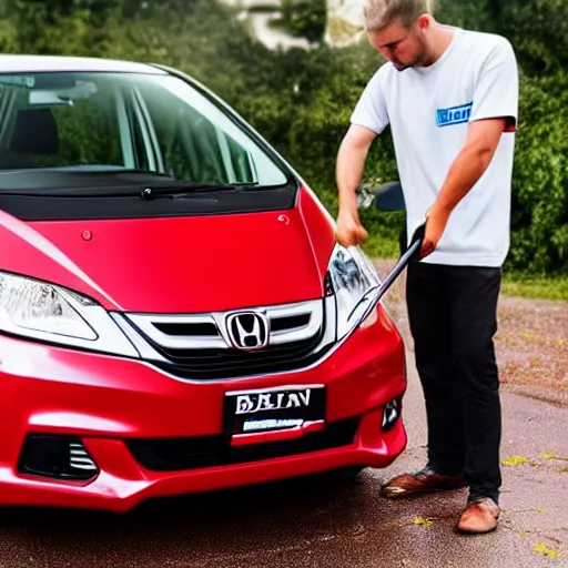 Image similar to baked beans man cleaning a honda jazz in the driveway overcast weather