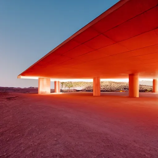 Image similar to concrete structure in the desert at night, neon lights, minimalist architecture, james turrel,