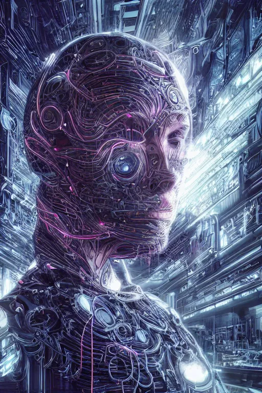 Image similar to the most amazing dream you ever had about transhumanism head artificial intelligent singularity, moebius, hyper realistic, concept art, intricate, hyper detailed, smooth, jim lee, high contrast, neon, volumetric lighting, octane, raytrace, snowcrash,