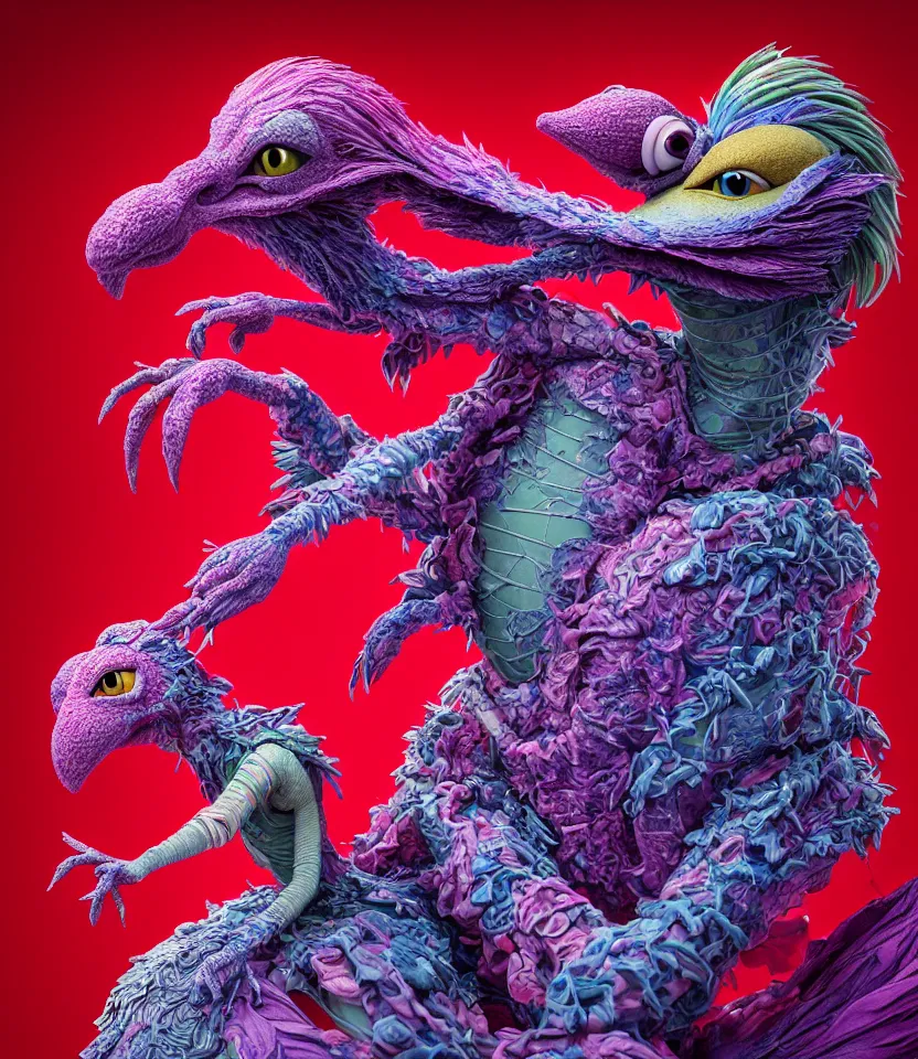 Image similar to hyper detailed 3d render like a Oil painting - kawaii portrait of two Aurora (a beautiful girl skeksis muppet fae princess protective playful expressive acrobatic from dark crystal that looks like Anya Taylor-Joy) seen red carpet photoshoot in UVIVF posing in scaly dress to Eat of the Strangling network of yellowcake aerochrome and milky Fruit and His delicate Hands hold of gossamer polyp blossoms bring iridescent fungal flowers whose spores black the foolish stars by Jacek Yerka, Ilya Kuvshinov, Mariusz Lewandowski, Houdini algorithmic generative render, golen ratio, Abstract brush strokes, Masterpiece, Edward Hopper and James Gilleard, Zdzislaw Beksinski, Mark Ryden, Wolfgang Lettl, hints of Yayoi Kasuma and Dr. Seuss, octane render, 8k