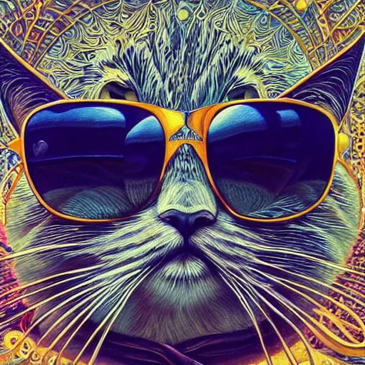 Prompt: cool cat wearing sunglasses by GEOGLYPHIKS by MICHAEL DIVINE and by AMANDA SAGE in the style of oil painting visionary art, intricate oil painting artwork. , trending on artstation, very coherent symmetrical artwork, oil painting
