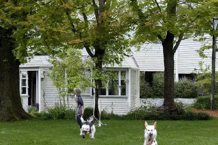 Image similar to the sour, dour, angry lady across the street is walking her three tiny white dogs on leashes. she shuffles around, looking down. she has gray hair. she is wearing a long gray cardigan and dark pants. highly detailed. green house in background. large norway maple tree in foreground. view through window.