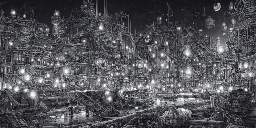 Image similar to Shipping yard at night by Joe Fenton & Raymond Swanland