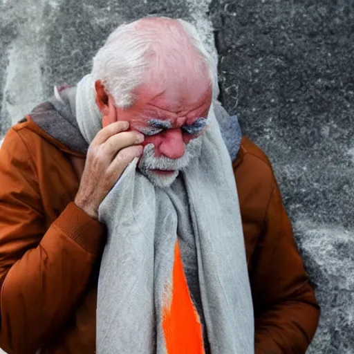 Image similar to biblical God , white grey hair , orange scarf , old man from the sky, is crying in tears and is very sad and sorrow , after creating humans