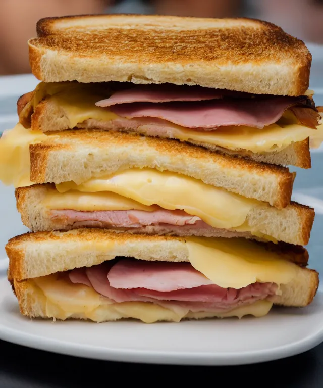 Prompt: high quality presentation photo of a ham & cheese sandwich, photography 4k f1.8 anamorphic bokeh 4k Canon Nikon