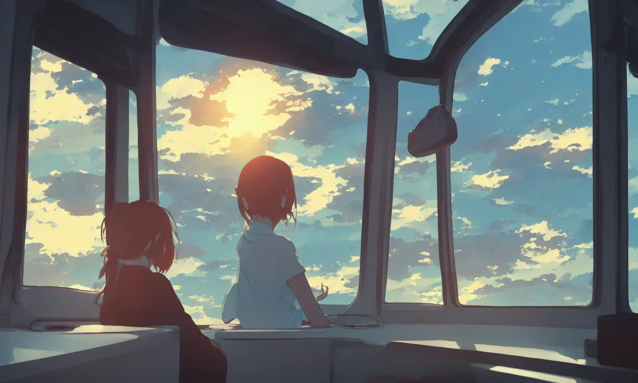 Image similar to Girl sitting in a window seat in a bus at sunset, cinematic lighting, style by Makoto Shinkai