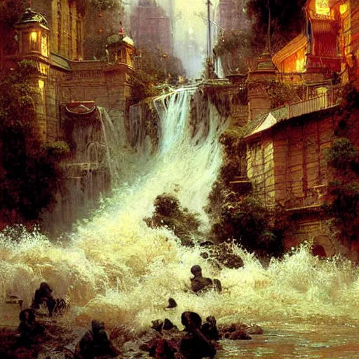 Image similar to waterfall flooding an entire city. victorian age. highly detailed painting by gaston bussiere, craig mullins, j. c. leyendecker