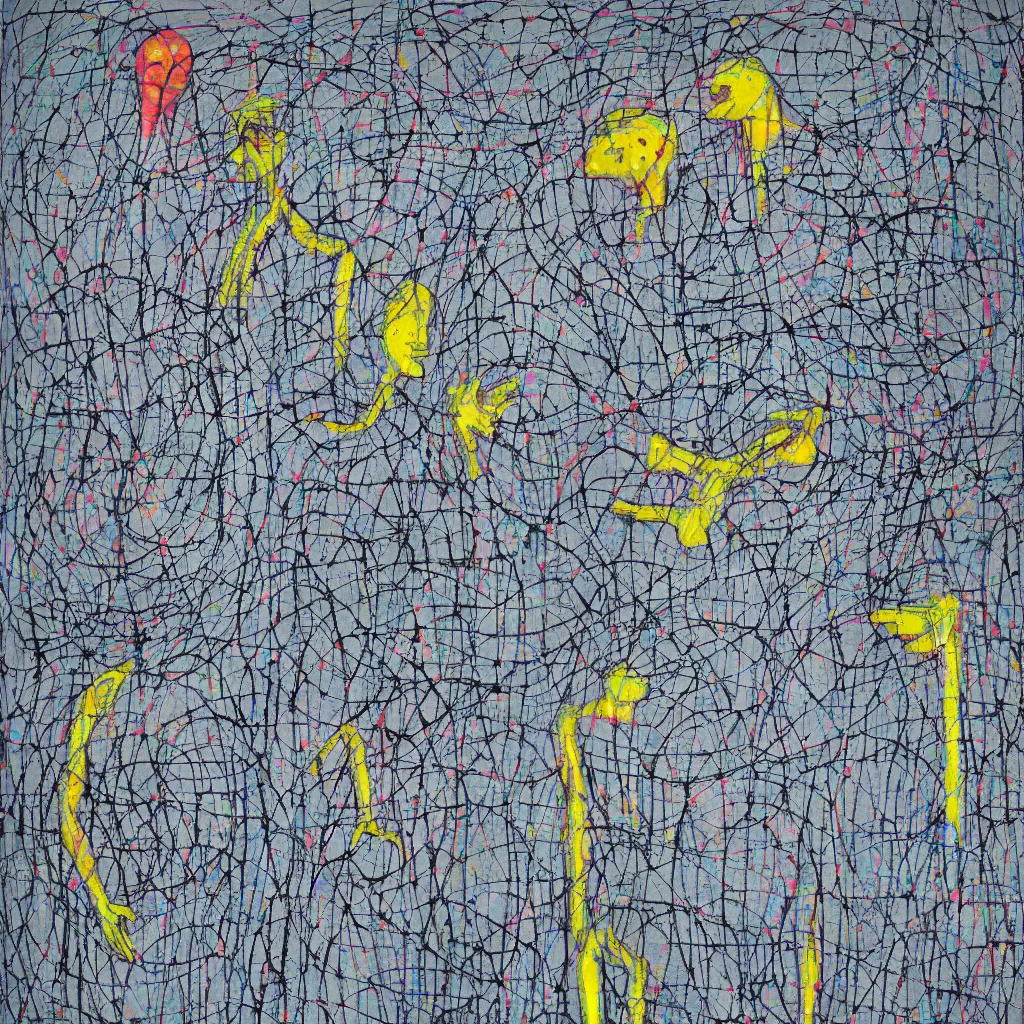 Prompt: two human figures next to each other, anxiety, smiling, abstract, maya bloch artwork, ivan plusch artwork, cryptic, lines, stipple, dots, abstract, geometry, splotch, concrete, color tearing, uranium, acrylic, neon, pitch bending, faceless people, dark, ominous, eerie, minimal, points, technical, painting