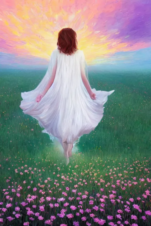 Image similar to giant white daisy flowers veil head, girl walking in a flower field, surreal photography, sunrise, dramatic light, impressionist painting, colorful clouds, digital painting, artstation, simon stalenhag