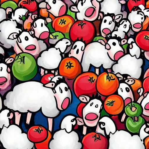 Image similar to happy cartoon sheep dancing on stage with angry crowd throwing tomatoes, digital painting, harsh lights, fun, silly, garry larson