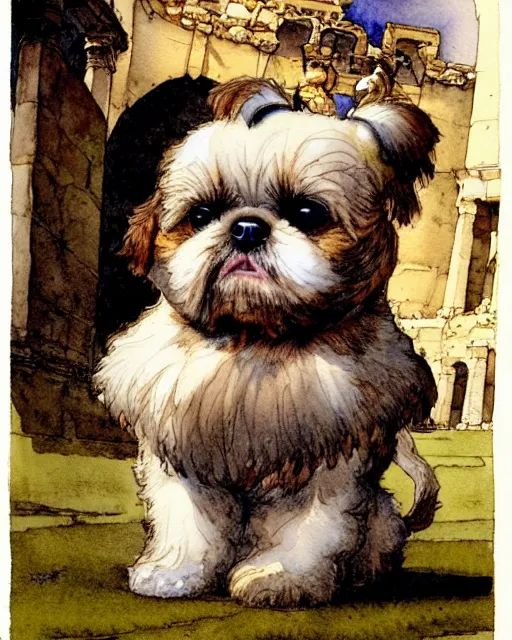 Image similar to a realistic and atmospheric watercolour fantasy character concept art portrait of a fat adorable chibi shih tzu puppy roman centurion in a roman temple, by rebecca guay, michael kaluta, charles vess and jean moebius giraud