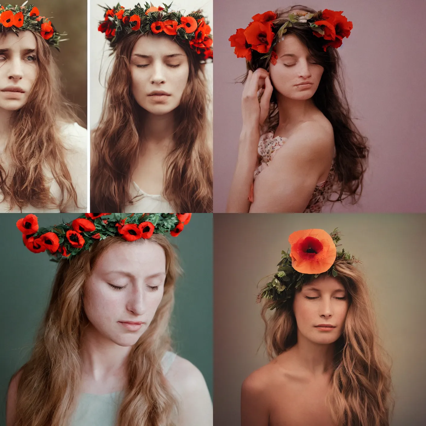 Prompt: A color analog head and shoulder frontal portrait photography of a woman wearing a poppy flower crown by Annie Leibovitz. Long hair. eyes closed. soft gradient pastel color background. Ilford Delta 400 film. detailed. hq. realistic. warm light. muted colors. lens flare. photoreal. Leica M9.