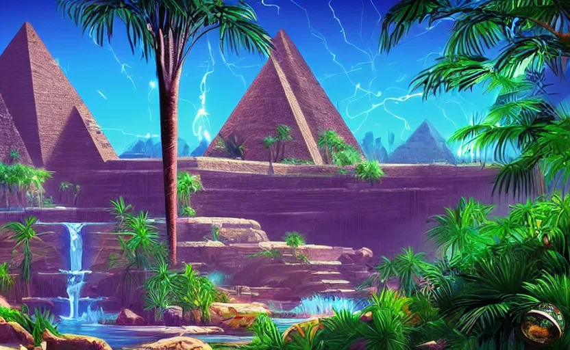 Prompt: ancient egypt structure with plants and waterfalls, epic retrowave art, trending on art station